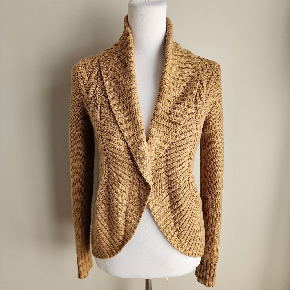 Mossimo Cable Knit Cardigan Womens‎ XS Caramel Camel Open Front Luxury Classic